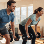 A man and woman lifting weights in a home gym